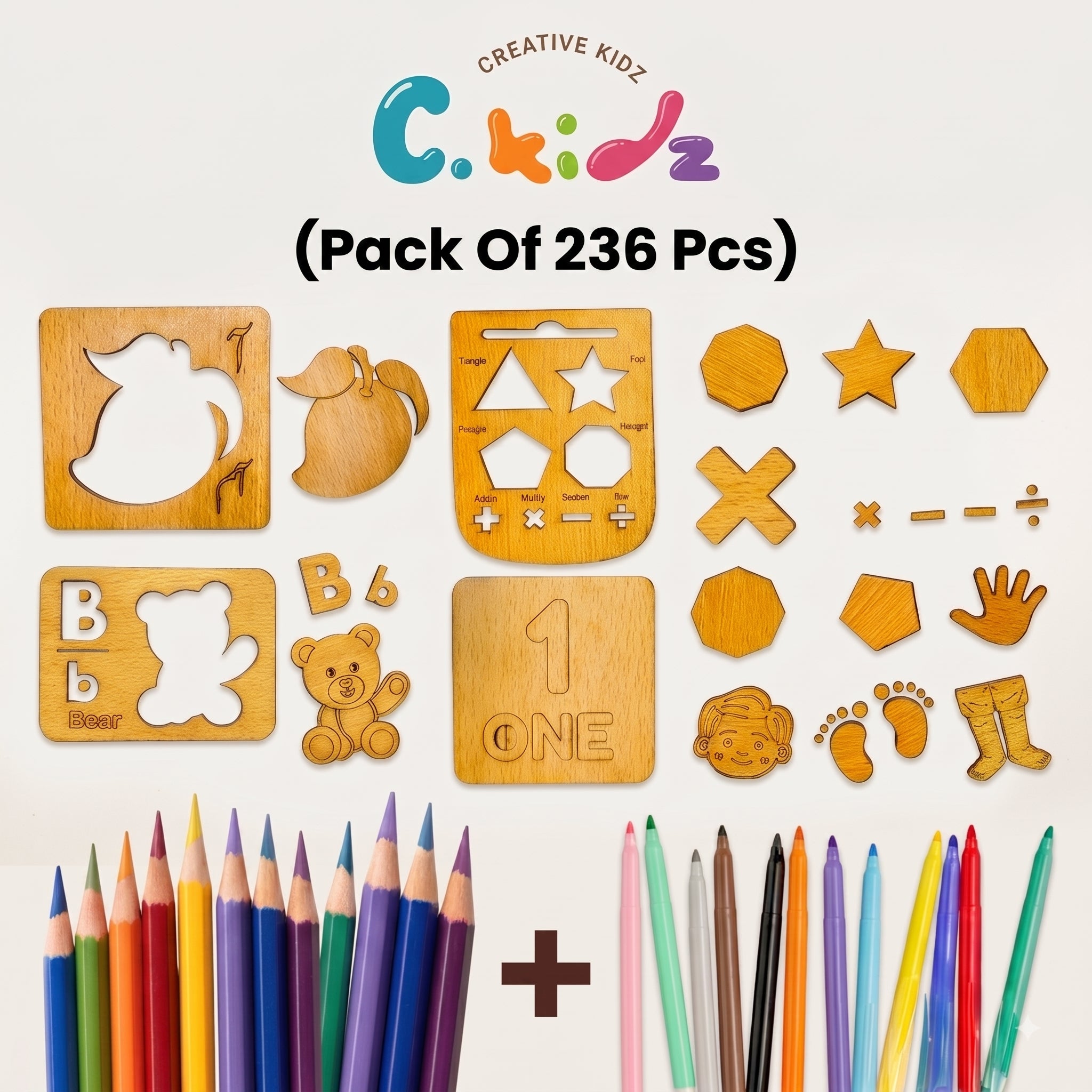 C.Kidz Premium Wooden Stencil & Drawing Learning Combo – 236 Pcs