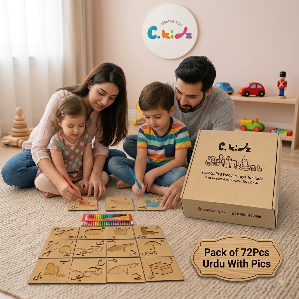 CKidz Premium Wooden Toys Urdu With Pictures (Pack Of 72 Pcs)